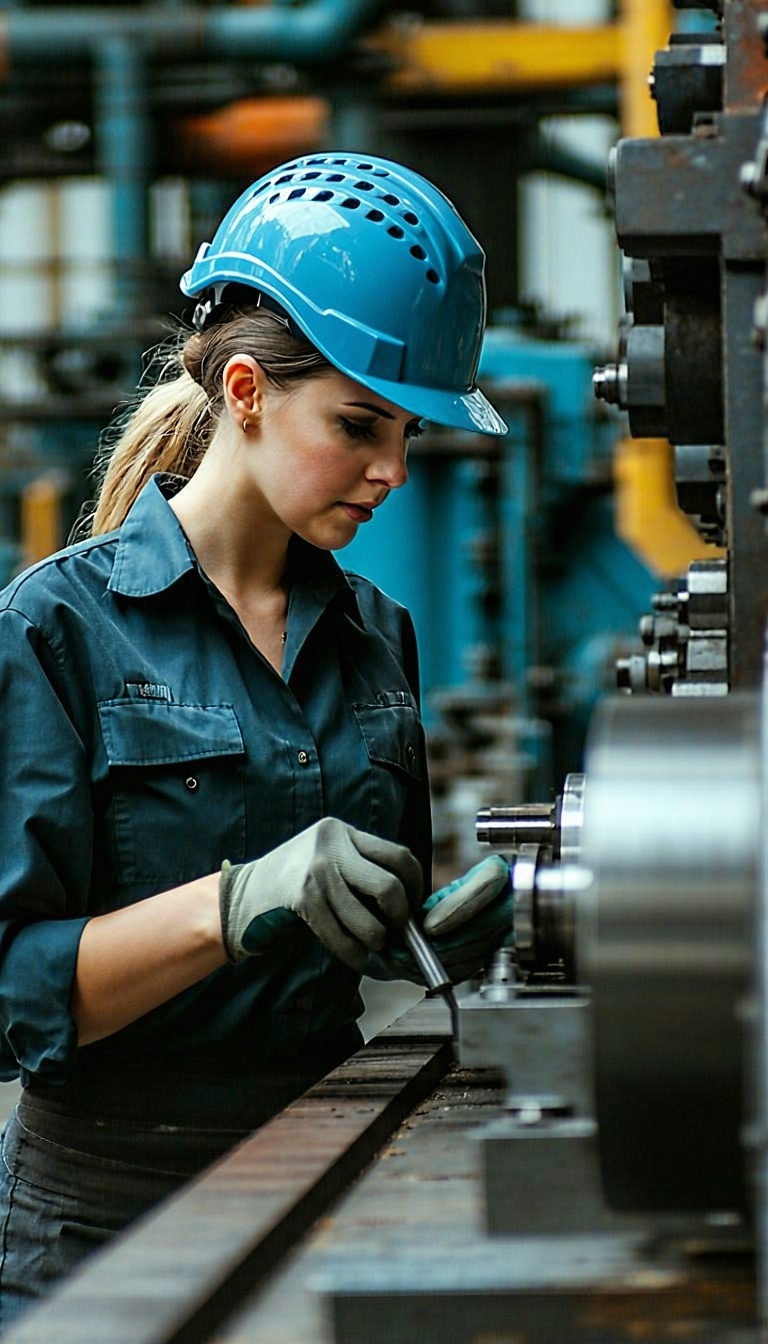 Australian lady technician at work in heavy industry in her 20s focusing on task at hand facing left cinematic-1